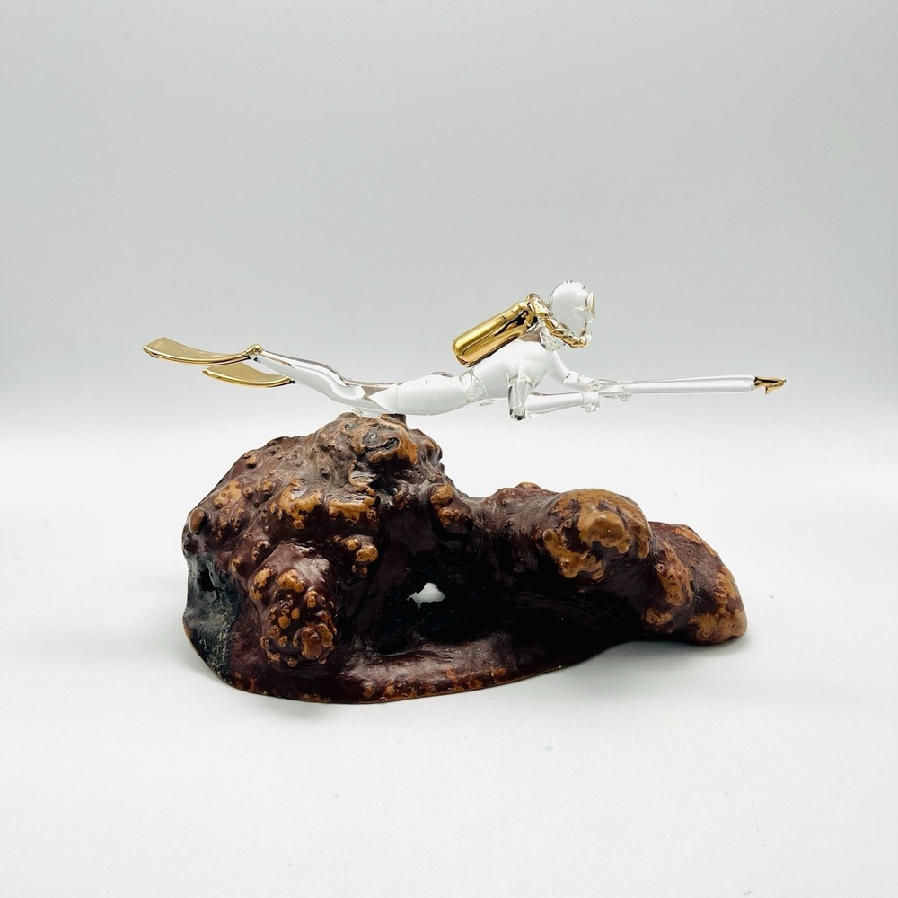 Glass Baron Scuba Diver Statue 22kt‎ Gold Manzanita Wood 8" x 4" Spear Gun
